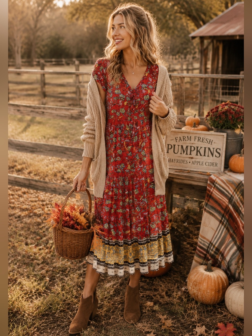 Prairie‎ style dress small farm girl countryside floral print v neck tie waist